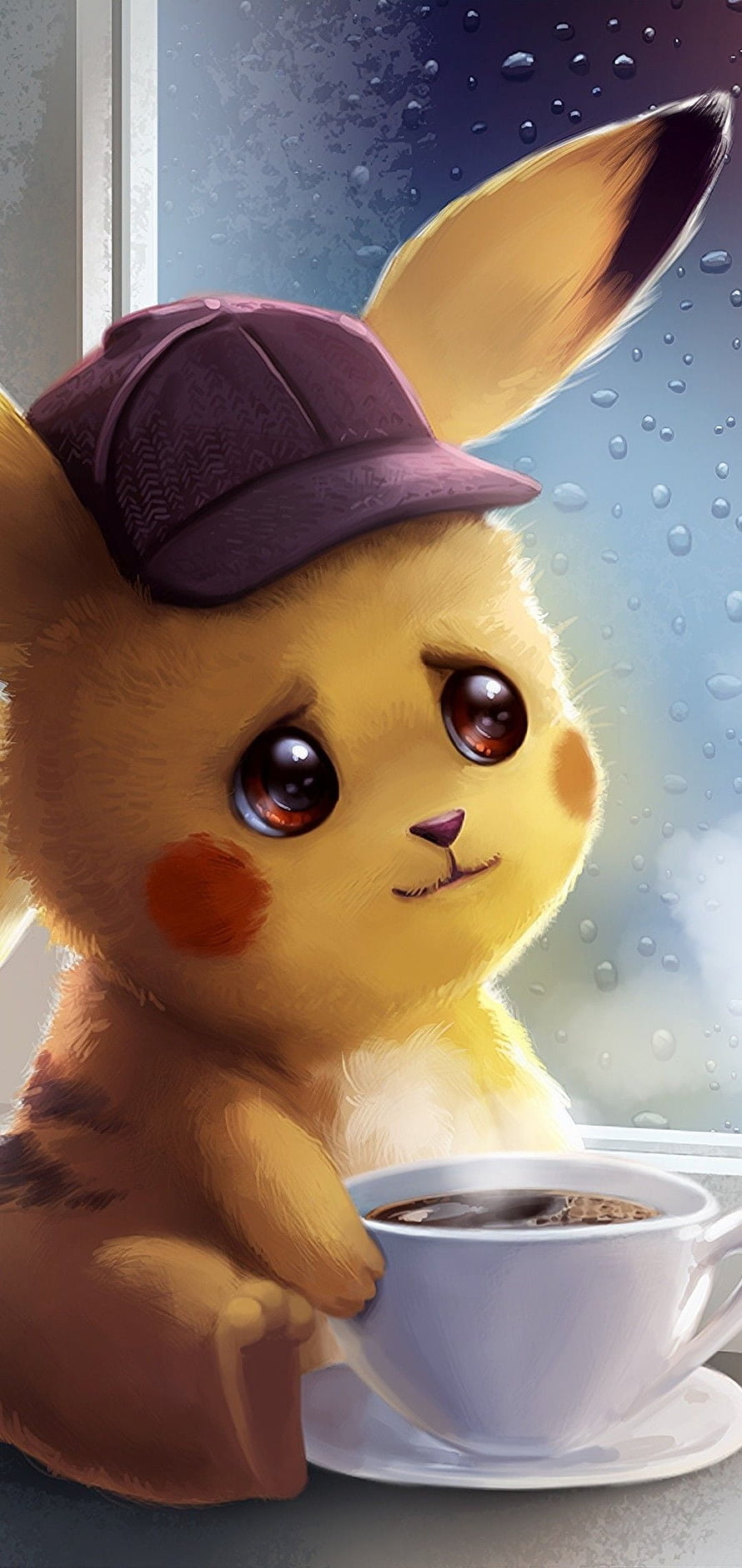 Cute Pikachu in a Cap Holding a Coffee Cup by a Rainy Window HD phone wallpaper
