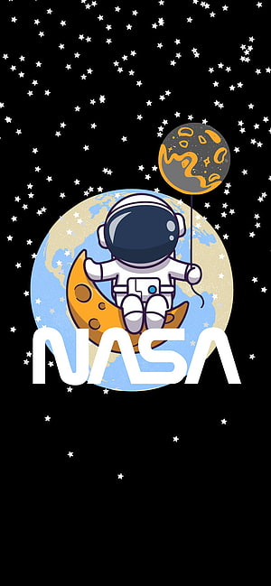 Cute Cartoon Astronaut Sitting on Crescent Moon with NASA Logo and Starry Space Background HD phone wallpaper