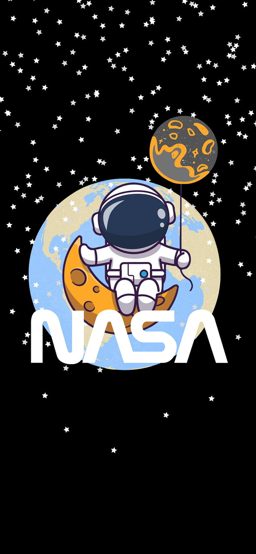 Cute Cartoon Astronaut Sitting on Crescent Moon with NASA Logo and Starry Space Background HD phone wallpaper