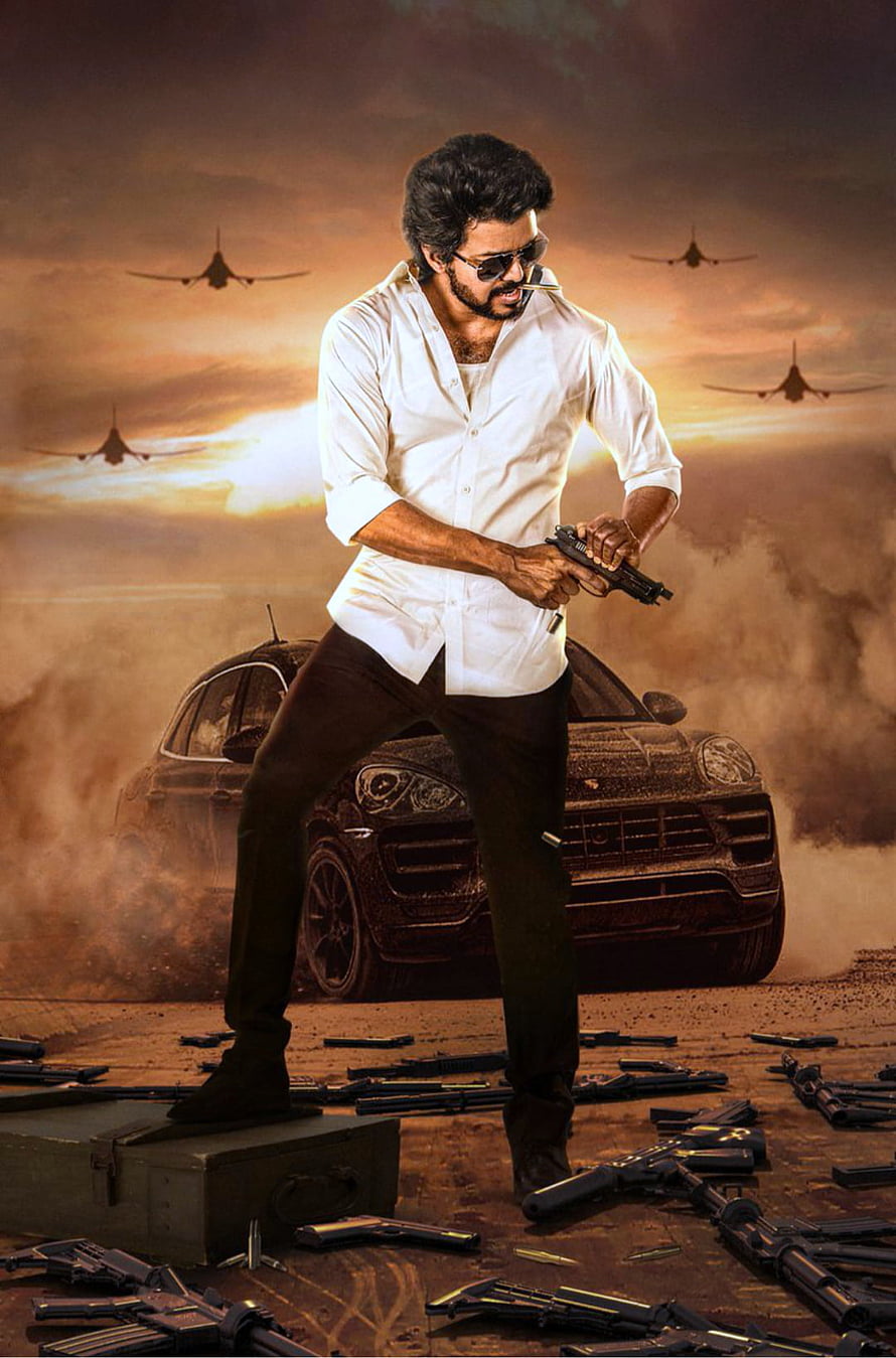 Vijay in Beast Movie Poster with Guns and Military Jets at Sunset HD phone wallpaper
