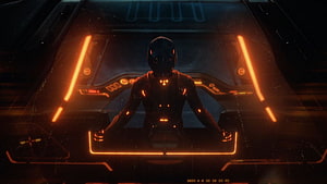 Rinzler from Tron Legacy seated in a dark cockpit with glowing orange interface lights HD wallpaper