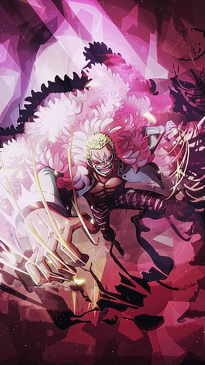 Donquixote Doflamingo in Gear 5 with Pink Clouds and Dynamic Action Pose HD phone wallpaper