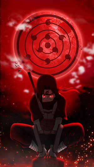 Itachi Uchiha in Tsukuyomi Genjutsu with Red Moon and Sharingan Symbol HD phone wallpaper