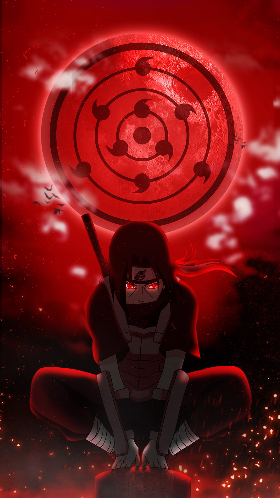 Itachi Uchiha in Tsukuyomi Genjutsu with Red Moon and Sharingan Symbol HD phone wallpaper