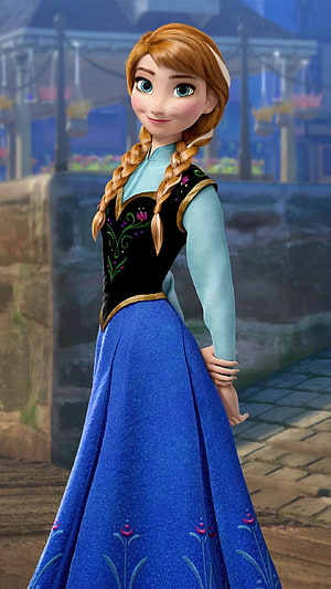 Anna from Frozen in her signature blue and black embroidered gown with braided auburn hair HD phone wallpaper