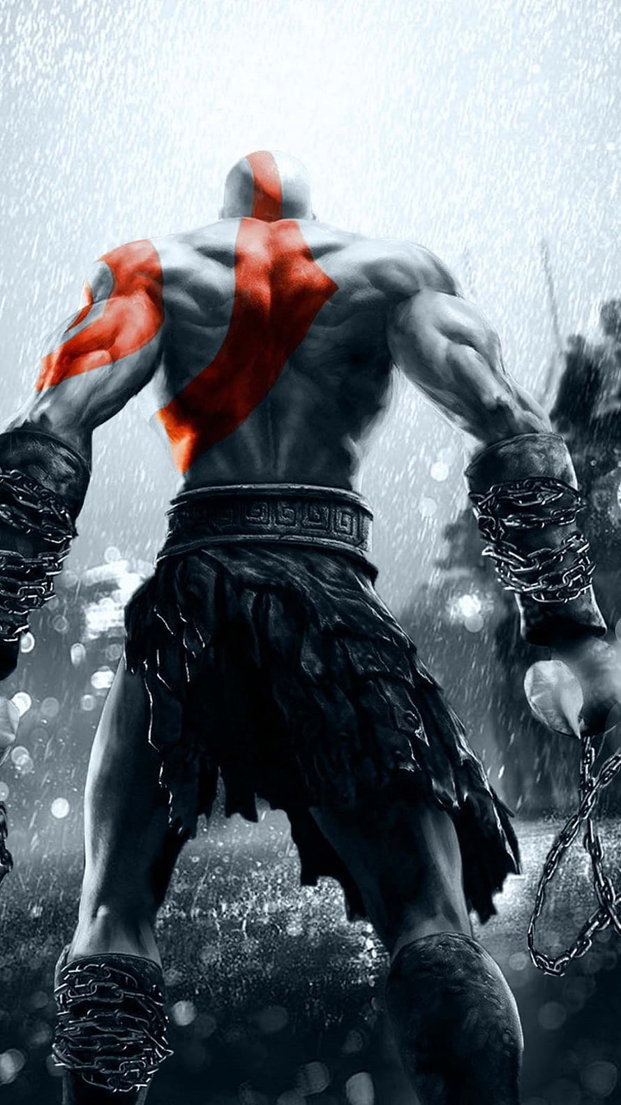 Kratos from God of War standing in the rain with red war paint and chains HD phone wallpaper