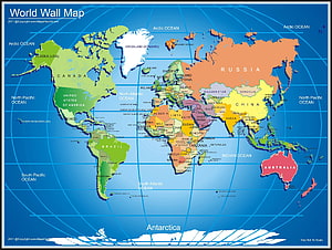 Colorful Political World Map with Country Borders and Ocean Labels HD wallpaper