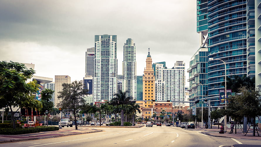 Miami Downtown Skyline with Historic Kaseya Center and Modern High-Rise Architecture HD wallpaper