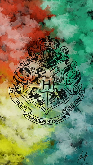 Harry Potter Hogwarts Crest with Four House Animals on Watercolor Background HD phone wallpaper