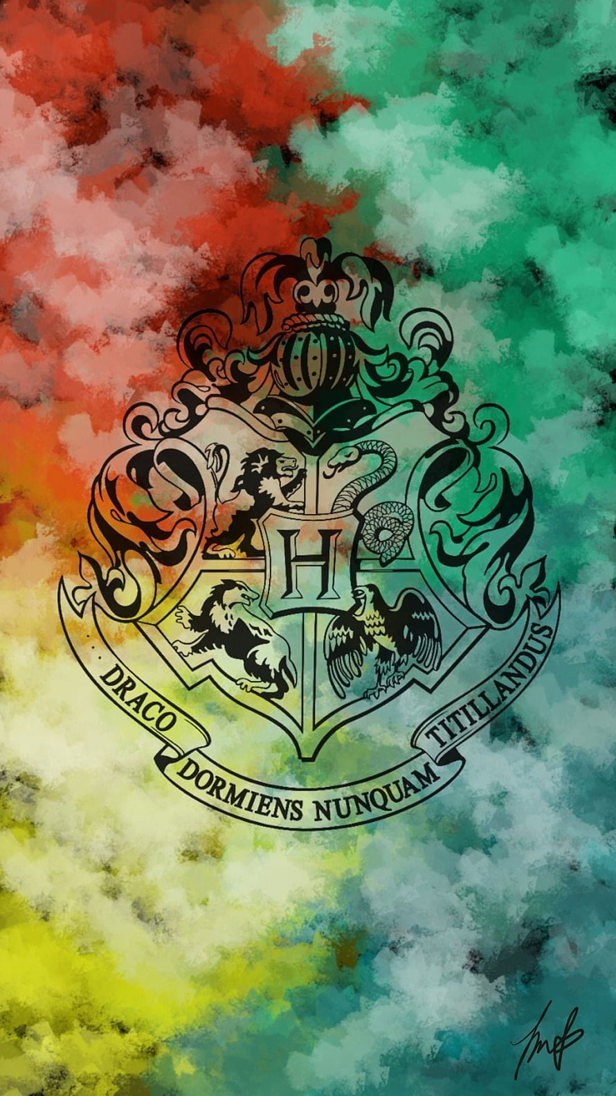 Harry Potter Hogwarts Crest with Four House Animals on Watercolor Background HD phone wallpaper