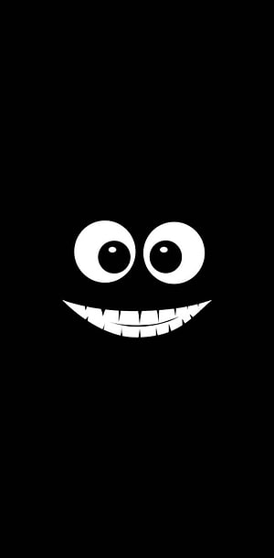 Minimalist Black and White Grinning Face with Wide Eyes and Sharp Teeth HD phone wallpaper