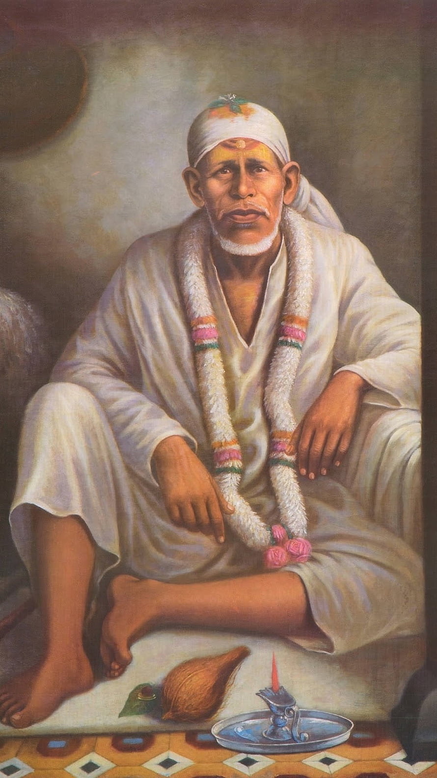 Sai Baba Portrait Painting in White Robes with Flower Garland and Oil Lamp HD phone wallpaper