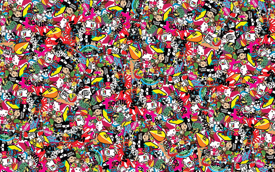 Vibrant JDM Street Culture Sticker Bomb Texture With Densely Packed Graffiti Elements HD wallpaper