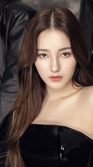 Nancy Momoland Portrait in Black Velvet Dress with Long Brown Hair HD phone wallpaper