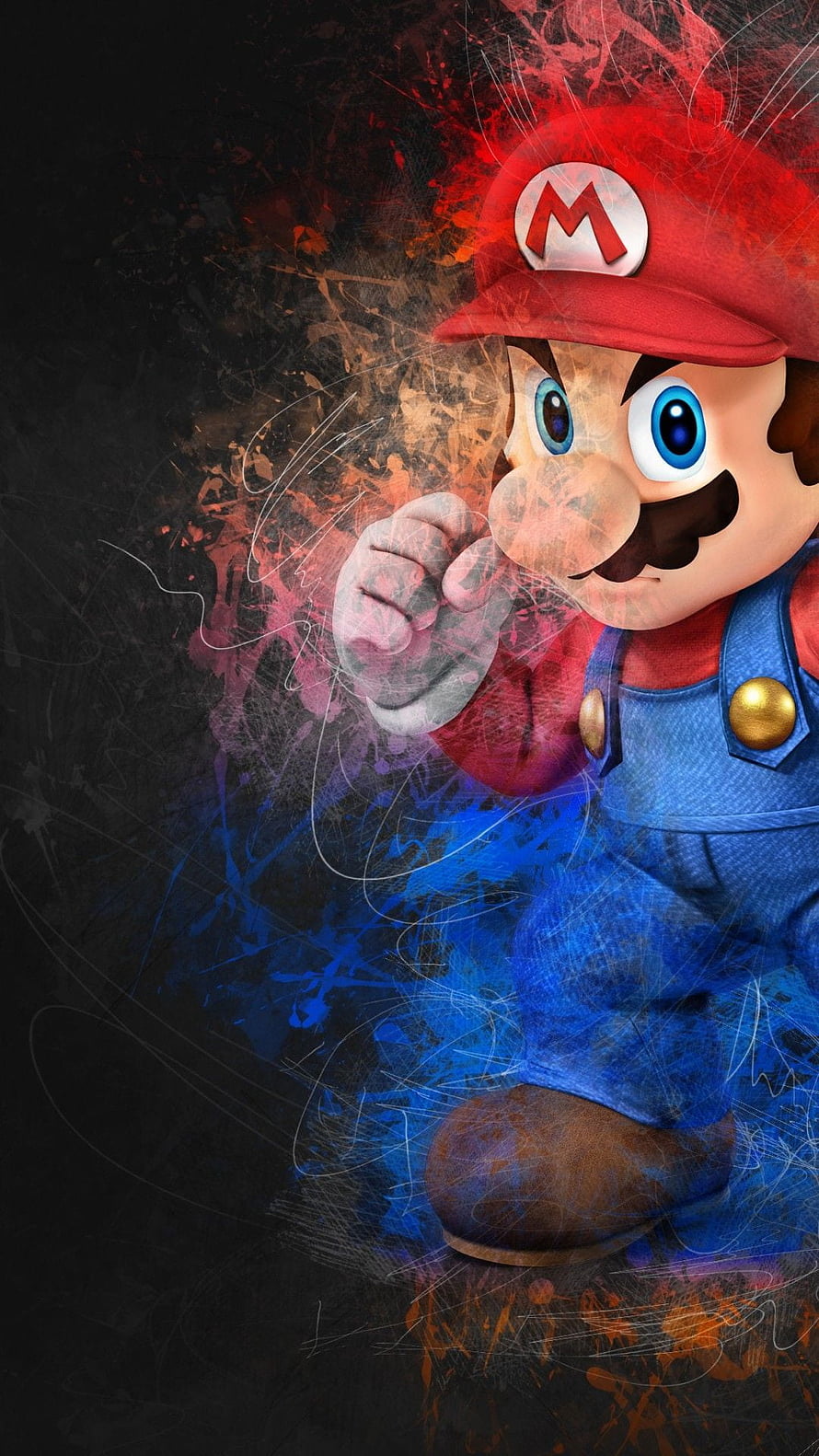 Super Mario Artwork with Grunge Texture and Vibrant Color Splashes on Dark Background HD phone wallpaper