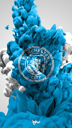 Manchester City Sky Blue Ink Cloud Abstract Sports Emblem Wallpaper HD phone wallpaper