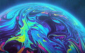 Vibrant Liquid Marble Planet Sphere with Neon Cyan and Purple Swirls in Deep Space HD wallpaper