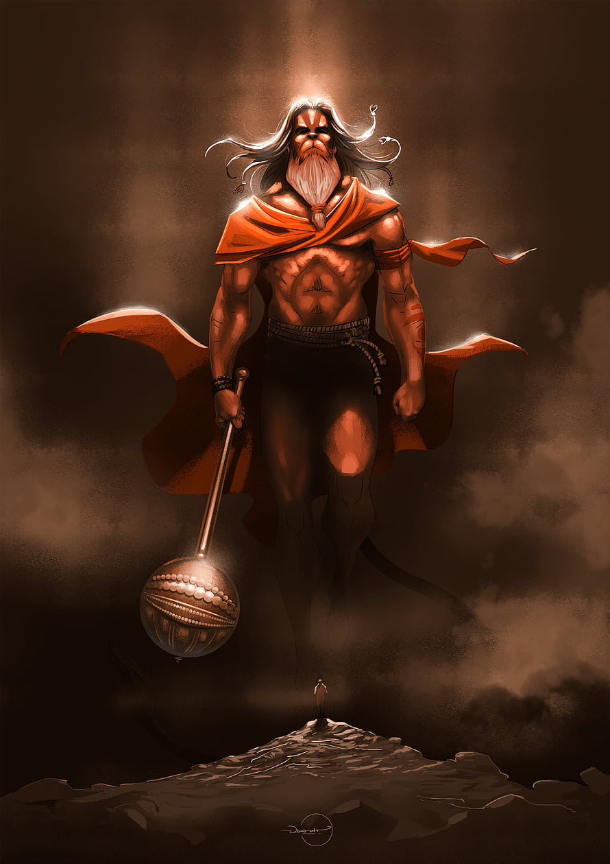 Hanuman Warrior Concept Art with Mace and Orange Cloak, Hanuman Warrior, Hanuman Art HD phone wallpaper