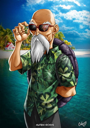 Master Roshi in Tropical Hawaiian Shirt and Sunglasses on a Beach HD phone wallpaper