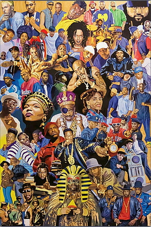 Vibrant Hip Hop Legends Mural Featuring Iconic Rappers and Cultural Figures HD phone wallpaper