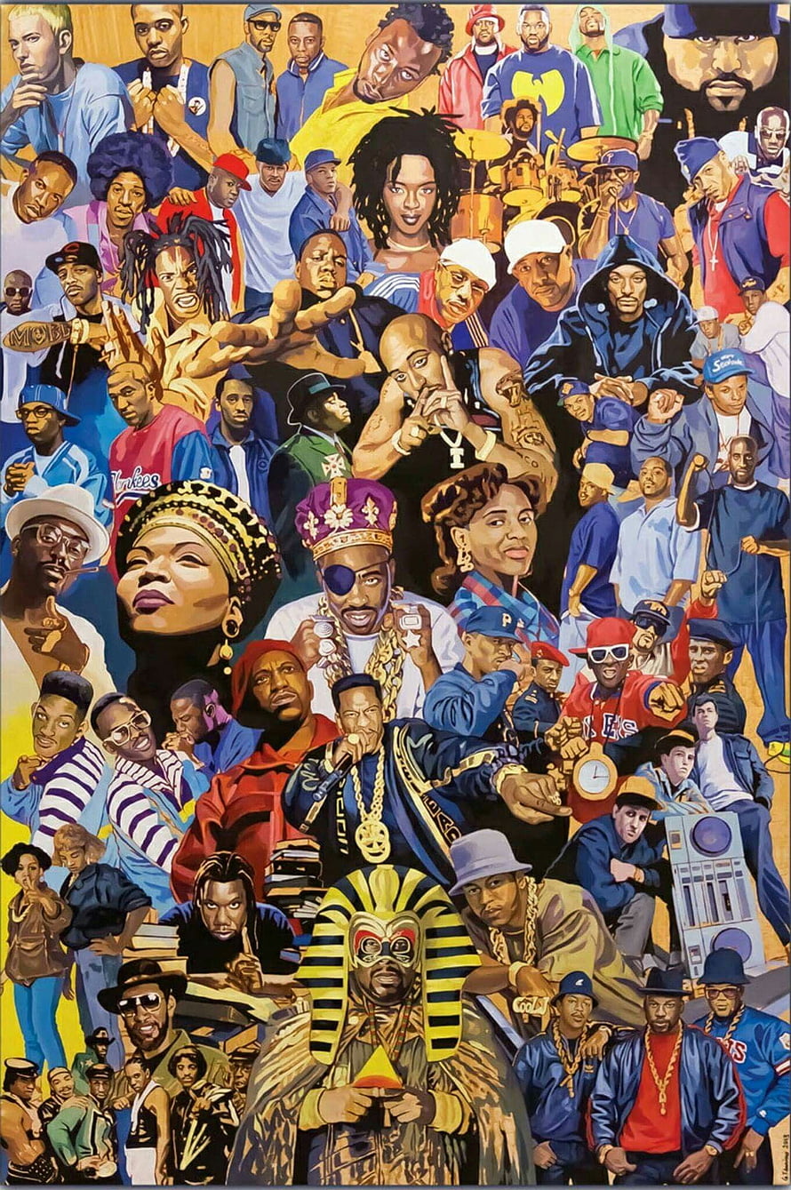 Vibrant Hip Hop Legends Mural Featuring Iconic Rappers and Cultural Figures HD phone wallpaper