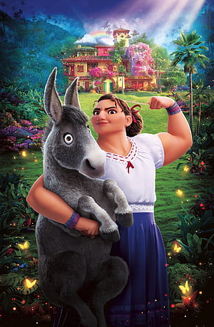 Luisa from Encanto flexing her arm while holding a donkey in a vibrant tropical garden HD phone wallpaper