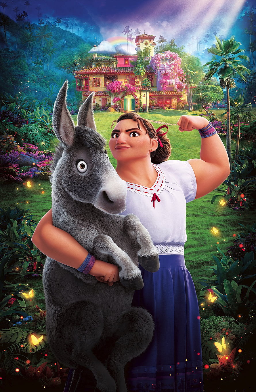 Luisa from Encanto flexing her arm while holding a donkey in a vibrant tropical garden HD phone wallpaper