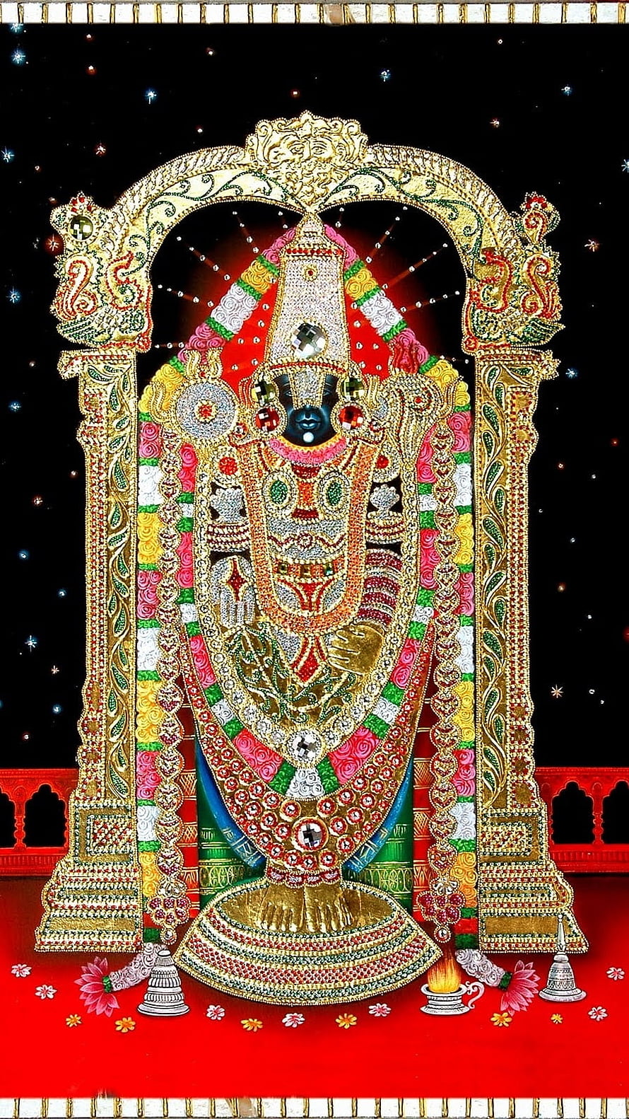 Tirupati Balaji ornate gold and gemstone deity statue with traditional garlands and temple arch HD phone wallpaper