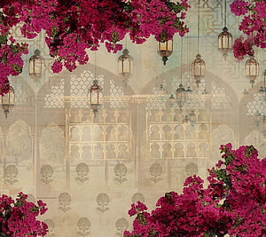 Majestic Islamic Archway Framed By Vibrant Bougainvillea And Hanging Lanterns HD wallpaper