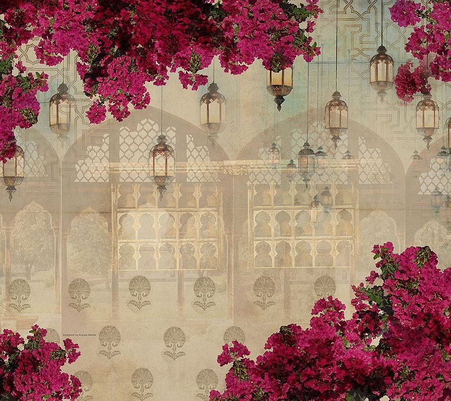 Majestic Islamic Archway Framed By Vibrant Bougainvillea And Hanging Lanterns HD wallpaper