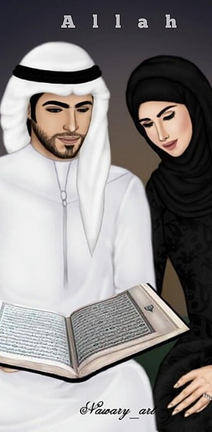 Digital illustration of a Muslim couple reading the Quran together in traditional attire HD phone wallpaper
