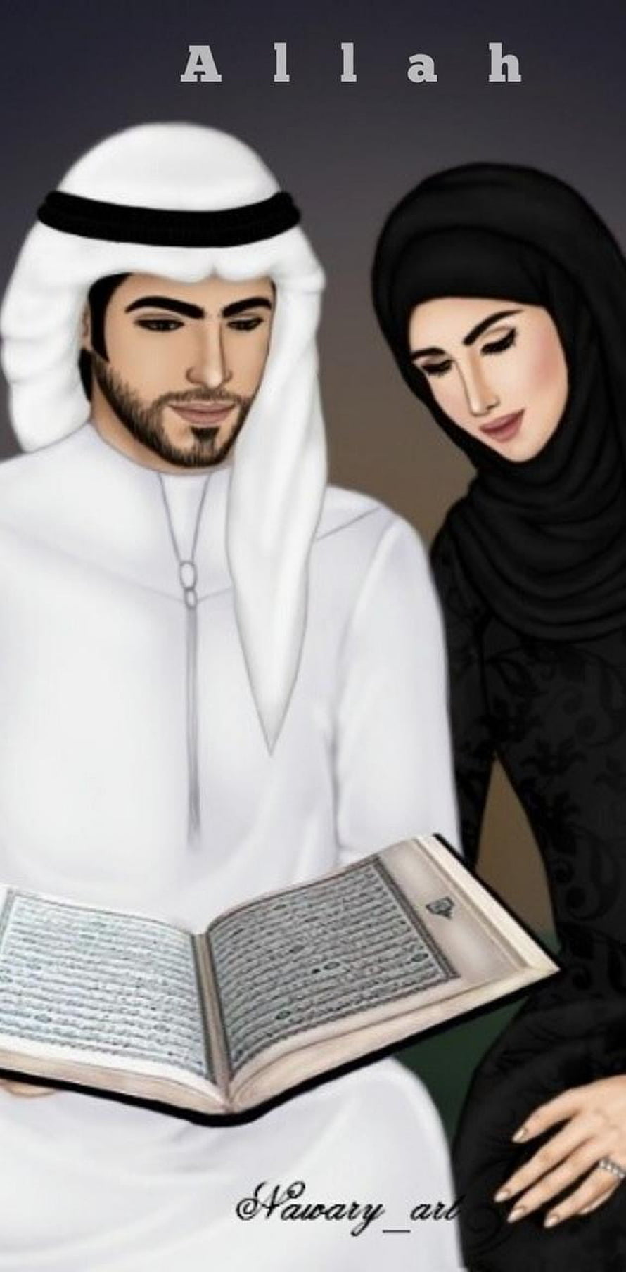 Digital illustration of a Muslim couple reading the Quran together in traditional attire HD phone wallpaper