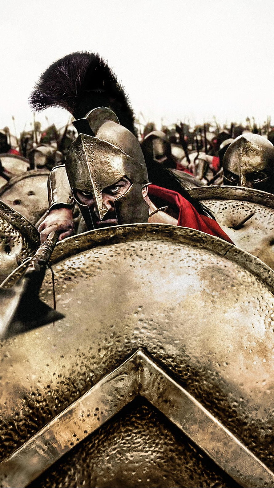Spartan Warrior in Bronze Armor and Helmet with Red Cape in Phalanx Formation HD phone wallpaper