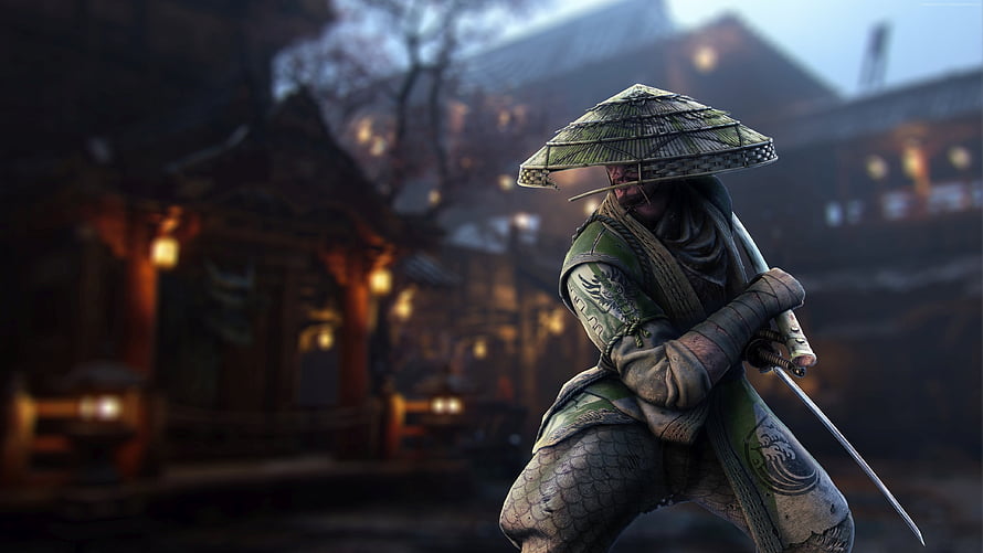 Ninja Warrior in Traditional Asian Village at Dusk with Katana and Bamboo Hat HD wallpaper