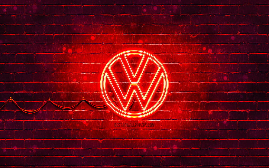 Volkswagen Neon Logo Glowing Red on Dark Brick Wall HD wallpaper