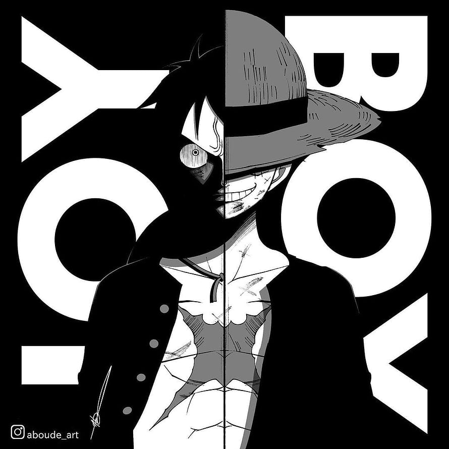 One Piece Joy Boy and Luffy Split Portrait in High Contrast Black and White Anime Style HD phone wallpaper