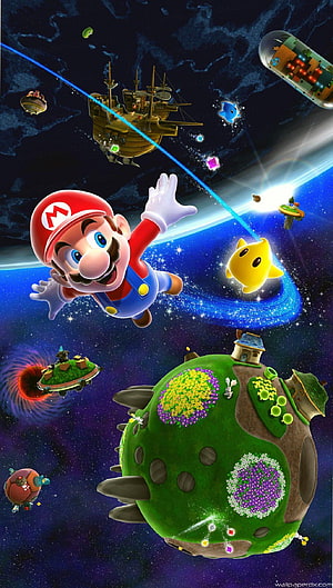 Super Mario Galaxy 3D Artwork Featuring Mario and Luma in Cosmic Space HD phone wallpaper