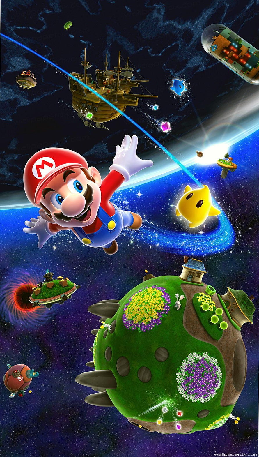 Super Mario Galaxy 3D Artwork Featuring Mario and Luma in Cosmic Space HD phone wallpaper