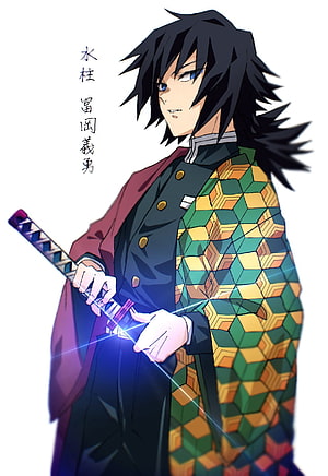Giyu Tomioka Water Hashira from Demon Slayer in Geometric Patterned Haori HD phone wallpaper