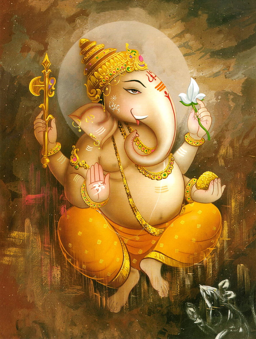 Ganesha Devotional Painting with Golden Crown and Lotus HD phone wallpaper
