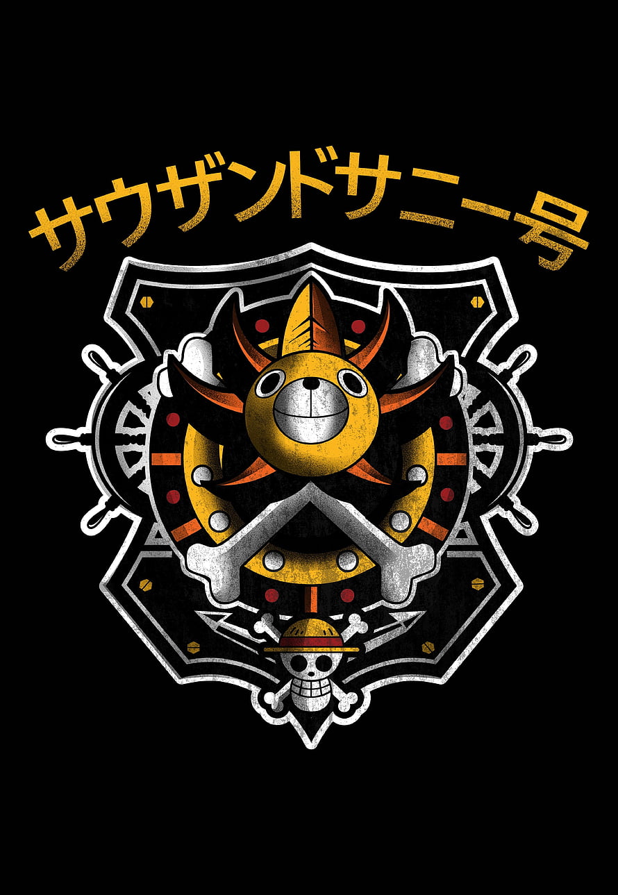 One Piece Thousand Sunny Jolly Roger Emblem with Ship Wheel and Skull HD phone wallpaper