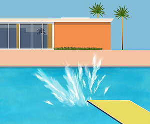 David Hockney Style Pool Scene with Palm Trees and Modern Architecture HD wallpaper