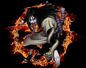 Orochimaru from Naruto in Akatsuki Robe with Serpents and Fire HD wallpaper