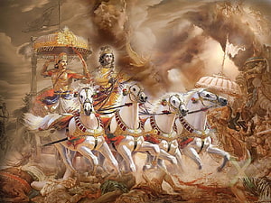 Karna and Krishna in Epic Chariot Battle from the Mahabharata HD wallpaper