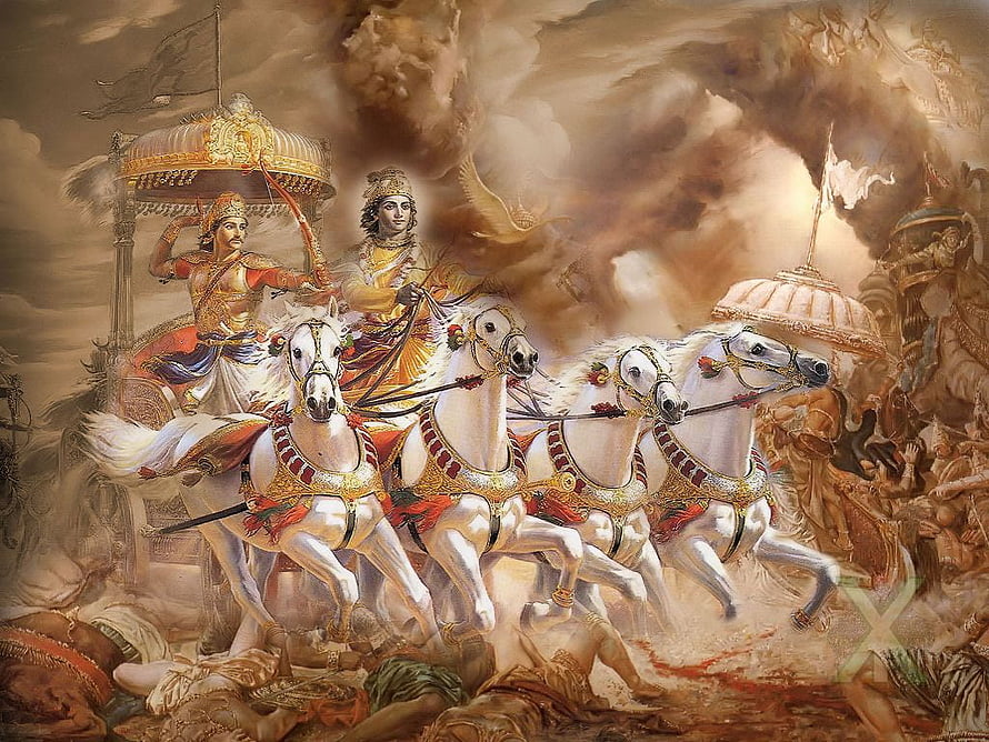 Karna and Krishna in Epic Chariot Battle from the Mahabharata HD wallpaper