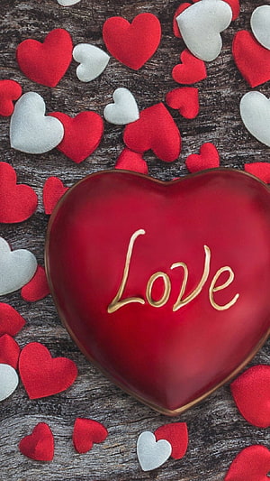 Red Heart Box with Gold Love Script Surrounded by Fabric Hearts on Rustic Wood HD phone wallpaper