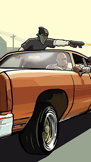 GTA San Andreas Comic Panel: Armed Driver in Orange Muscle Car HD phone wallpaper