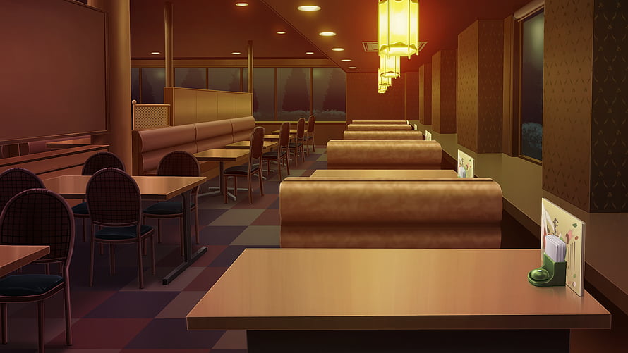 Cozy Anime Cafe Interior with Warm Lighting and Empty Booths HD wallpaper
