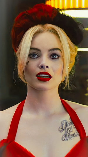 Harley Quinn in Red Halter Top with Blonde Hair and Chest Tattoo HD phone wallpaper