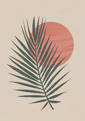 Minimalist tropical palm leaf silhouette with coral sun on beige background HD phone wallpaper
